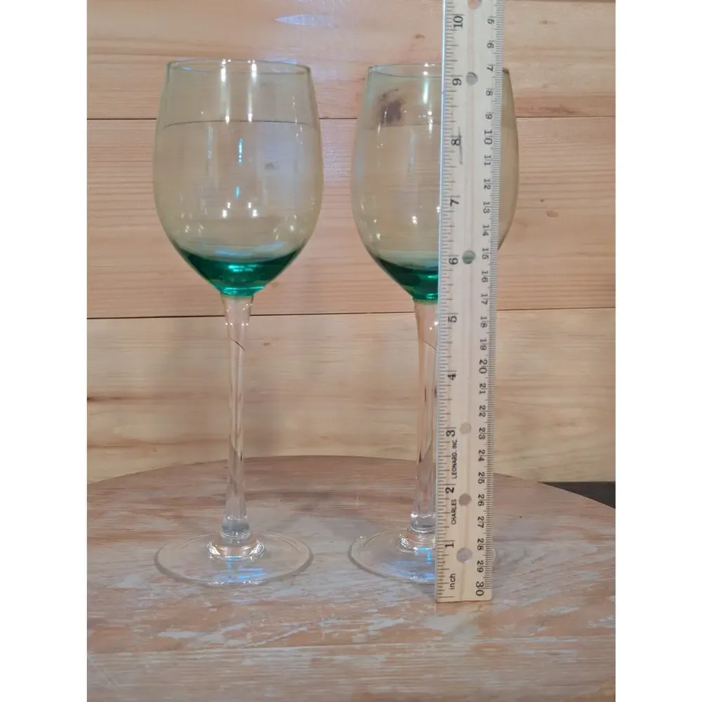 Vintage Green Bowl Clear Stem Wine Glasses Set of 2 Tall 9.25